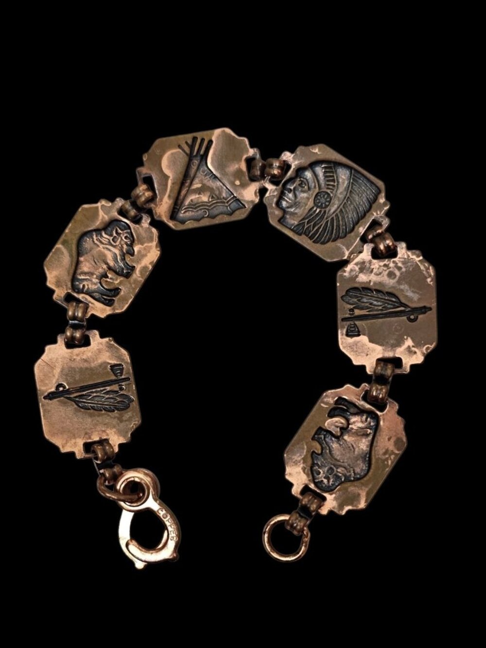 Vintage Copper Native American Theme Link Bracelet Buffalo Eagle Chief 7" - Picture 2 of 14
